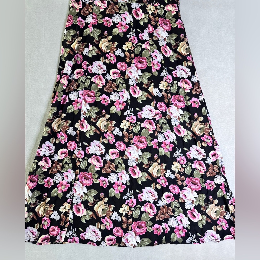 Vtg Floral Tank Maxi Dress Sz 16 Black Pink Festival 90s Retro Grunge Cottage - Picture 3 of 7